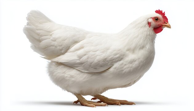 Elegant White Hen On A White Background: A Stunning Portrait Of A Hen At A Poultry Farm. Beauty In Simplicity Shines.