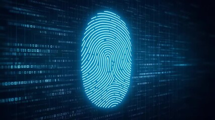 A glowing blue fingerprint over digital data, symbolizing cybersecurity and biometric authentication in a modern technological world. - Powered by Adobe