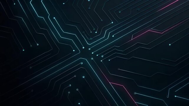 Abstract circuit board design with glowing lines in blue and pink hues, representing modern digital technology and innovation.