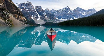 Serene red canoe floats on tranquil turquoise lake with majestic snow-capped mountains reflected, banff national park, canada