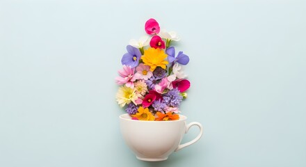 Overflowing white teacup filled with vibrant, colorful wildflowers spilling out onto a pastel blue background, celebrating nature's beauty and freshness.