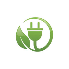 Green energy concept with a leaf and electric plug symbol against a black background featuring vibrant green colors and a circular design with digital artifacts
