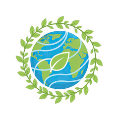 Green Leaf Emblem Surrounds Blue Planet Earth with Continents Depicted in Green and Blue Tones Against a Transparent Background