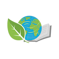 Green leaf with globe and open book on transparent background symbolizing education and environmental awareness