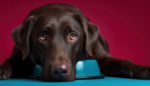 Hungry Labrador Retriever Eagerly Awaits Mealtime. The Devoted Pup Eagerly Anticipates His Feeding Time With A Hungry Stomach. Ready To Eat!