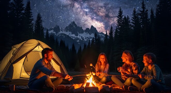 Family enjoys camping trip under starry night sky, roasting marshmallows over campfire with tent and mountains in background.