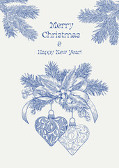 Christmas Vintage illustration toys two hearts with bow, fir branch, beries. Blue beige. Hand drawn elements.Toile Vector background for design holiday decor, decoration, greeting card, cover, poster