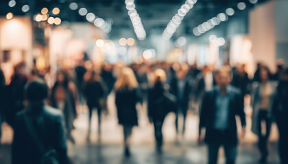 Blurred Crowd Of Anonymous Individuals Walking At Exhibition Business Trade Fair Show In Convention Display Event Or Conference Hall With Light Bokeh.