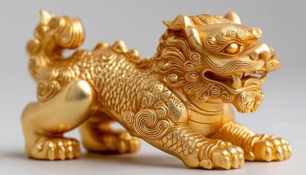 Golden Pixiu On White: Pi Xiu Crafted With 99.99% Pure Gold - A Luxurious And Elegant Piece Featuring A Pixiu Made With Almost Pure Gold.