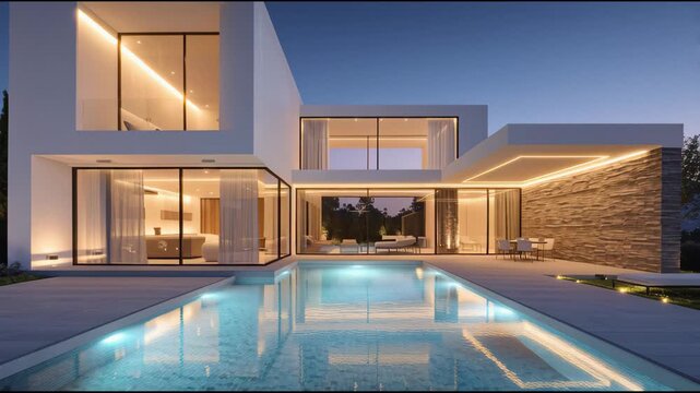 Contemporary Luxury Villa Exterior at Dusk. Modern Architecture, Infinity Pool, and Ambient Lighting Design.