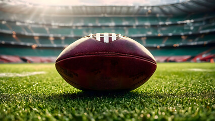 Closeup of classic Rugby ball resting on field grass surface emphasizing competitive outdoor sport environment and focus on equipment before energetic match or athlete practice begins