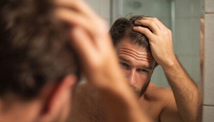 Fototapeta premium Male Experiencing Hair Loss Examines His Thinning Hair In Bathroom Mirror And Styles It With Wax, Checking For Signs Of Balding. Male Balding Concerns.