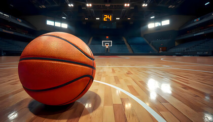 Basketball resting on the floor of empty indoor court capturing still calm scene and anticipation before active game play in clean sports arena environment with polished wood surface
