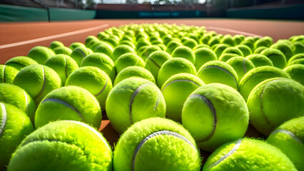 Collection of tennis balls scattered on court surface showing active practice environment and preparation for training or match play in bright outdoor tennis atmosphere