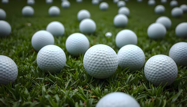 Golf balls arranged on lush grass in natural outdoor golf course environment capturing peaceful relaxed training and practice scene for players preparing for precise swings and putting