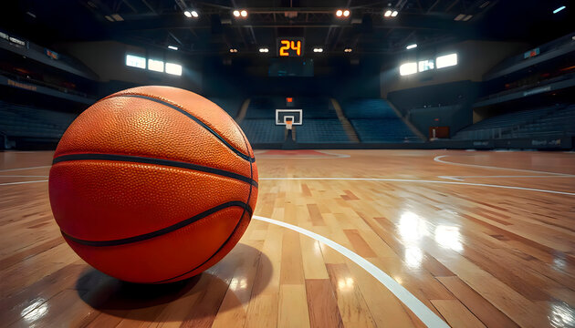 Basketball resting on the floor of empty indoor court capturing still calm scene and anticipation before active game play in clean sports arena environment with polished wood surface
