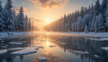 Winter wonderland a serene river scene with snowcovered trees and golden light