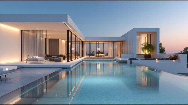 Contemporary Luxury Villa Exterior at Twilight. Minimalist Architecture with Infinity Pool and Ambient Lighting.