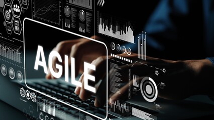 Business professional engaging with digital technology and data analytics representing the concept of agile methodology in the workplace. Asymptotic smart data analytic.