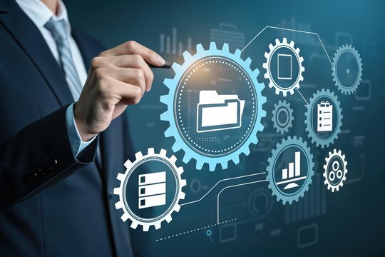 AI document management system concept, businessman interacting with virtual gear icon, futuristic technology in business, digital transformation, innovative business operations, high-resolution