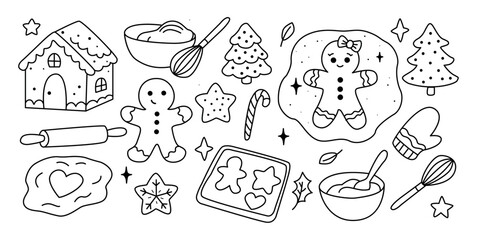 Cute Christmas Gingerbread Cookie Set . Holiday Baking Line Art Illustration