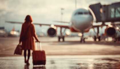 Female Traveler Boarding Airplane At Airport, Moving From The Terminal To The Aircraft. A Woman Passenger Boarding A Plane At The Airport.