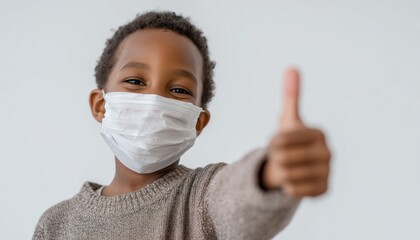 Joyful Black Child Wearing Medical Face Mask Giving A Thumbs Up Sign On White Background. African American Kid Smiling In Safety Mask.