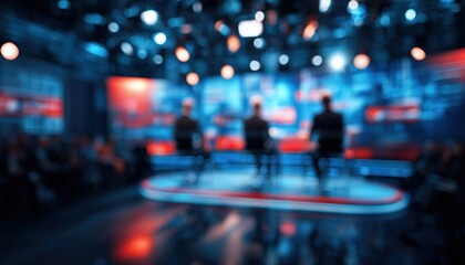 Fototapeta premium Live News Broadcast From A Television Studio With Blurred Image. Discover The Latest Developments In Real-Time Reporting On Air.