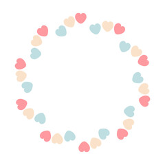 Vector round frame made of pastel hearts in soft pink, blue and beige colors with space for text, isolated, perfect for romantic cards, Valentine designs, posters, invitations and wedding decor