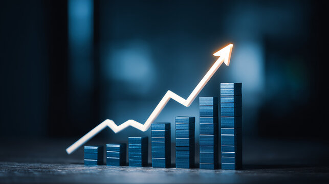 Gr&aacute;fico ascendente em dourado mostra aumento financeiro, progresso de mercado, metas atingidas e crescimento estrat&eacute;gico, refor&ccedil;ando otimismo econ&ocirc;mico