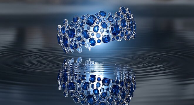 Elegant Sapphire and Diamond Bracelet Floating Above Rippling Water.