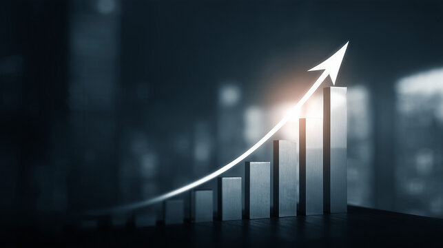 Seta branca apontando para cima em gr&aacute;fico escuro, destacando progresso financeiro, sucesso e aumento de desempenho