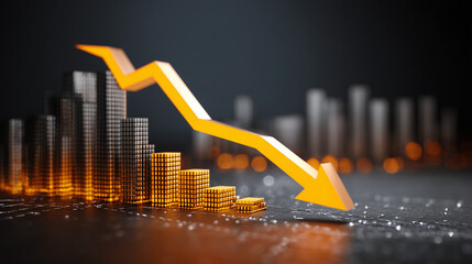 Orange arrow pointing downward over dark cityscape silhouettes, symbolizing economic recession, decline, crisis, and financial instability