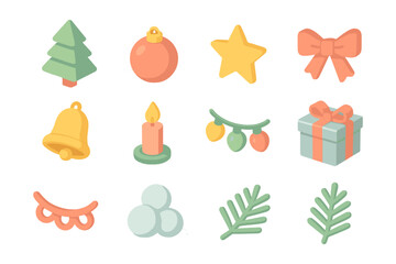 Colorful christmas elements set: ornaments, gifts, tree, candy cane, bell, candle, lights