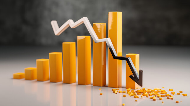 Downward financial arrow over futuristic bar chart city buildings, representing loss, market drop, and negative business performance