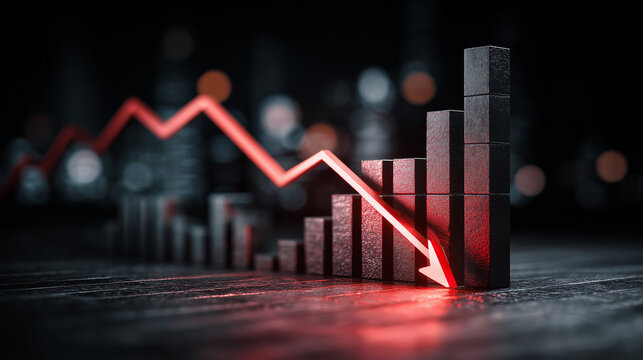 Red downward arrow over digital financial charts, illustrating market decline, crisis, falling stocks, risk, volatility, recession indicators, and negative performance trends in business or economy