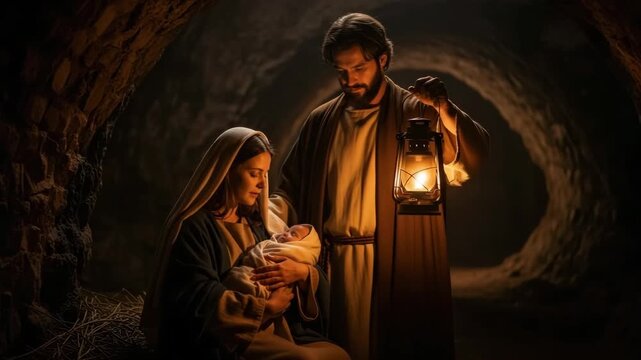 Holy family in stable with Mary and Joseph adoring baby Jesus during Christmas, symbol of hope and love. Holy family embodies serene adoration, creating a deeply spiritual moment.