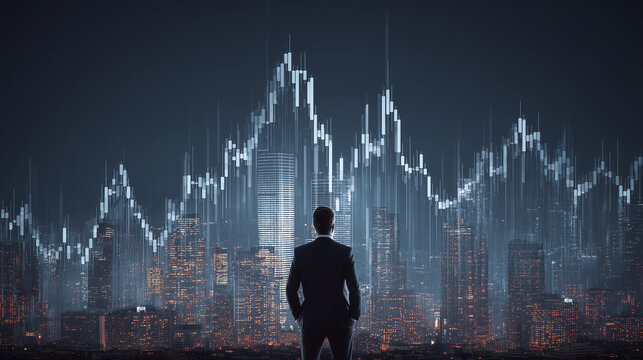Homem observa cidade iluminada com gr&aacute;ficos financeiros, representando mercado, investimentos, an&aacute;lise estrat&eacute;gica e tomada de decis&otilde;es em ambiente corporativo competitivo