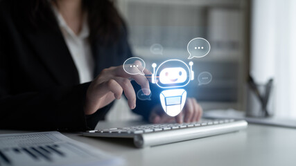 AI chatbot virtual assistant interacting with users through AI conversation bubbles, symbolizing AI automation, smart communication, and AI digital artificial intelligence help support Latch