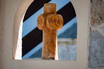 Stone artefact with old, croatian writings, found in the village of Valun, Croatia on the beautiful Cres island