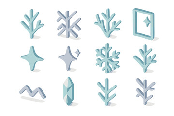 Obraz premium Isometric winter icons: snowflakes, crystals, and nature elements