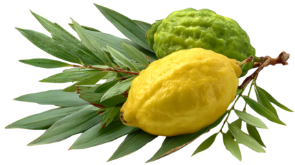 Realistic etrog citron and lulav palm leaves representing Sukkot holiday tradition isolated on white background