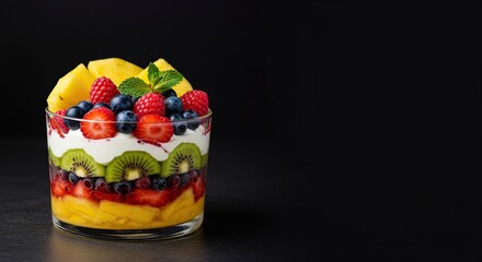 A vibrant layered fruit dessert, showcasing colorful fresh berries, tropical slices, and creamy accents for a refreshing sweet treat ,kiwi ,cream ,mango