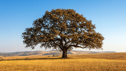Fototapeta premium A solitary tree standing in an open field under soft natural light, symbolizing strength, solitude, growth, and harmony with nature. 
