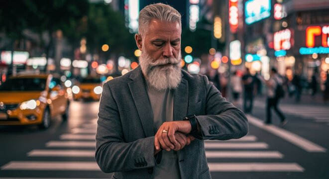 Stylish Senior Man Checking Time on Smartwatch in Vibrant Cityscape at Night