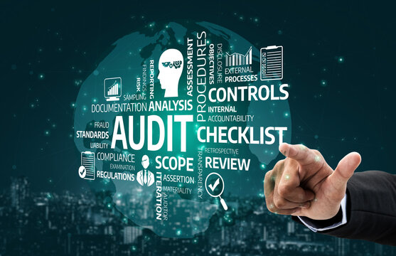 This image showcases a business concept of auditing, with a checklist and analysis elements set against a data visualization background, symbolizing thorough evaluation and control. Tessel