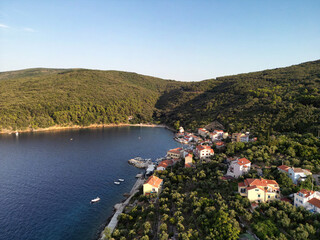 Aerial view of Zdovica beach, at the end of the bay in the fishing village of Valun on Cres island, Croatia