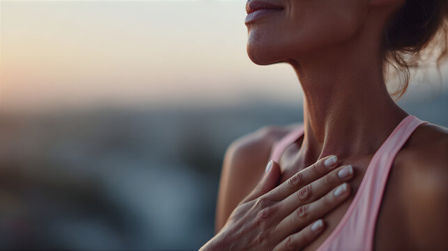 Partially visible woman feeling calm and peaceful with hand on chest during sunset outdoors. Mindfulness, gratitude, happy life concept.