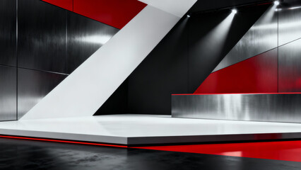 Sleek, modern abstract interior exhibition stage with metallic silver, black, red, and white geometric panels, sharp angles, reflective surfaces, and dramatic lighting