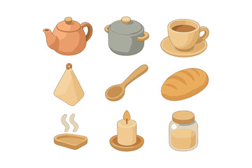 Cozy kitchen essentials in isometric style &ndash; teapot, pot, mug, and more